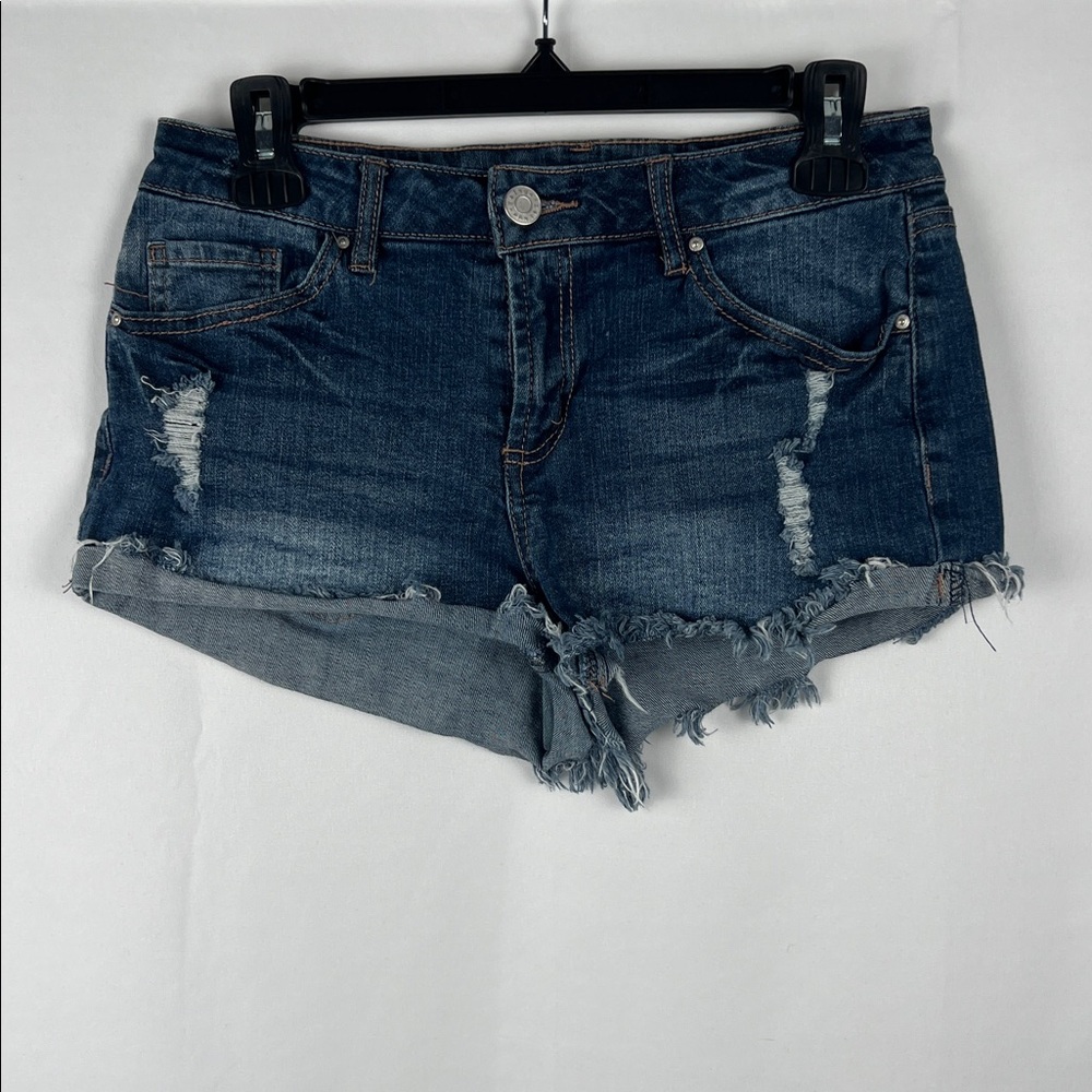 Refuge Blue Distressed Jean Shorts with‎ Cuffed Frayed Hem